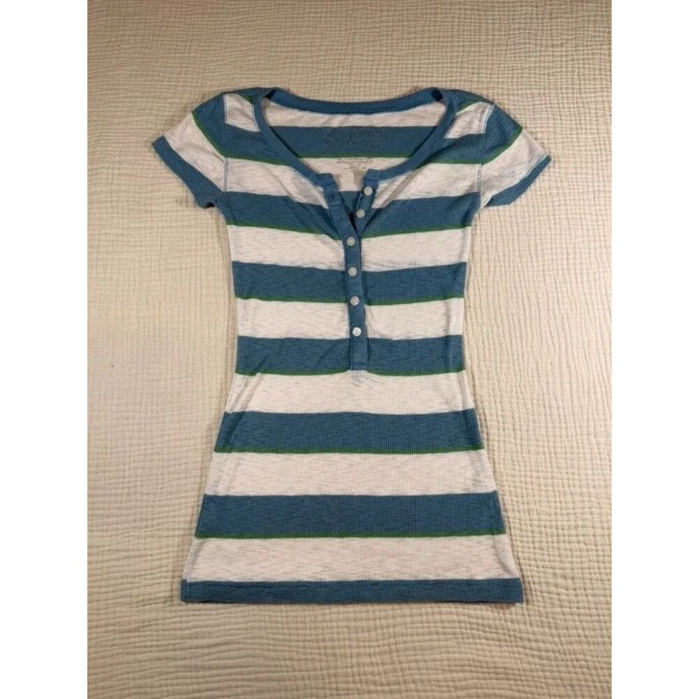 Vintage Y2K Aeropostale Blue Green Striped Polo T-Shirt Size S